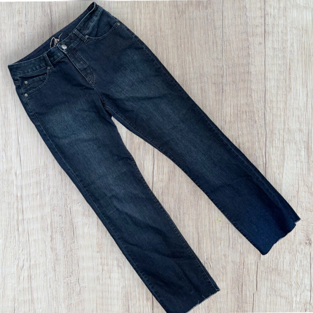 MIRACLEBODY Slimming Straight Leg Frayed Dark Wash Stretch Denim Jeans Womens 8